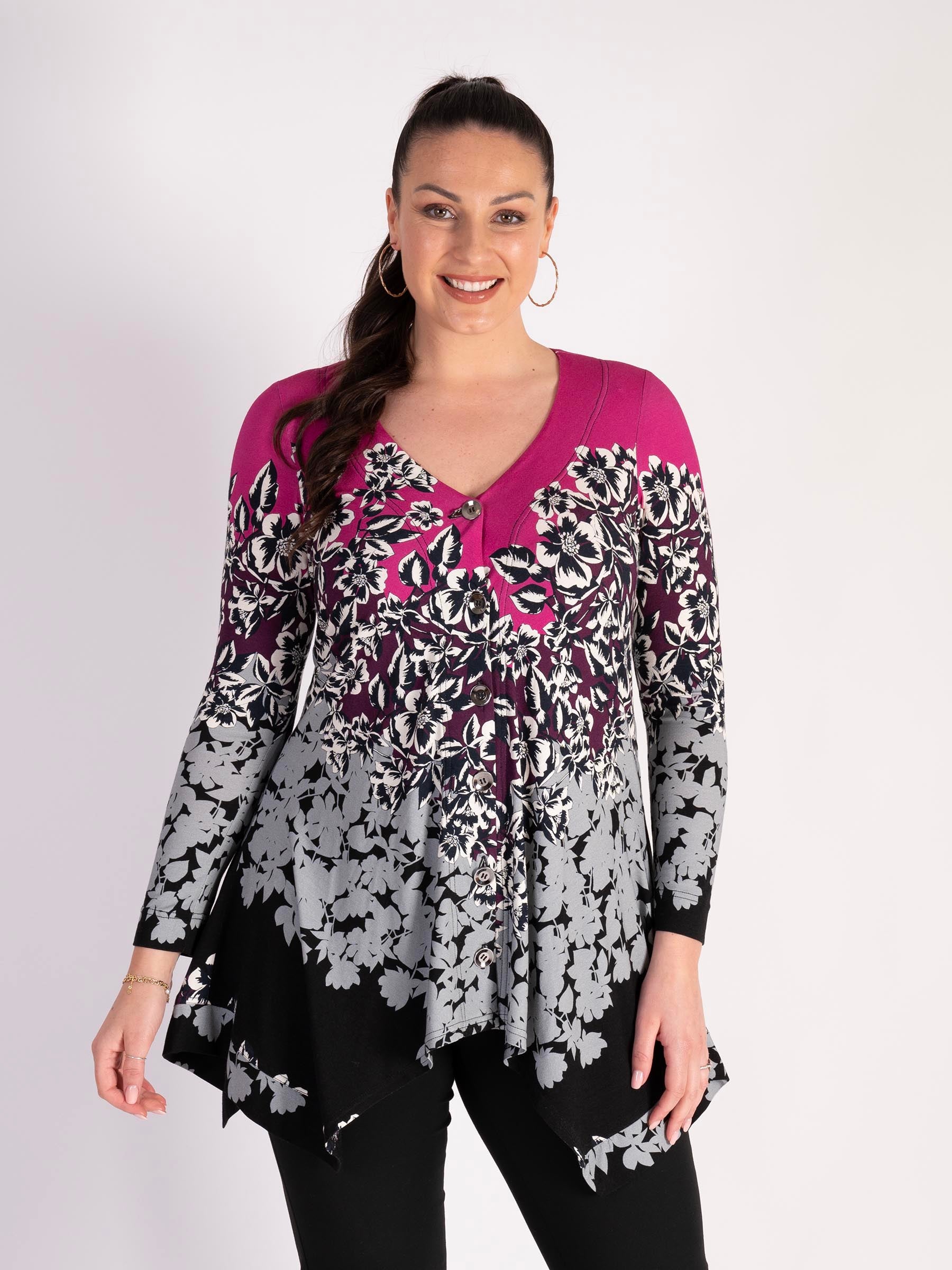 Fuchsia/Grey/Black Floral Border Print Jersey Cardigan