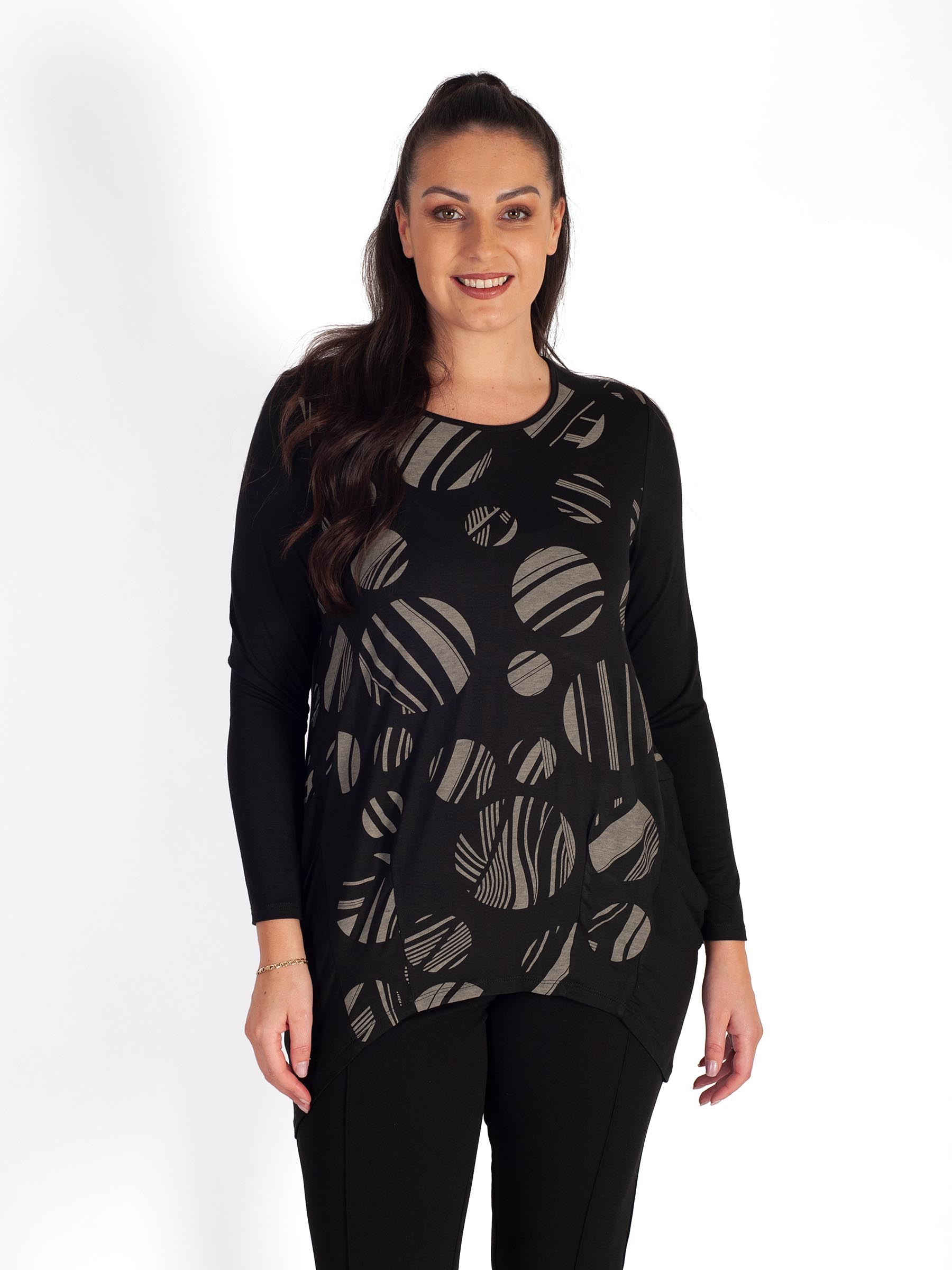 Black/Natural Geometric Circle Print Jersey Top With Tuck Detail