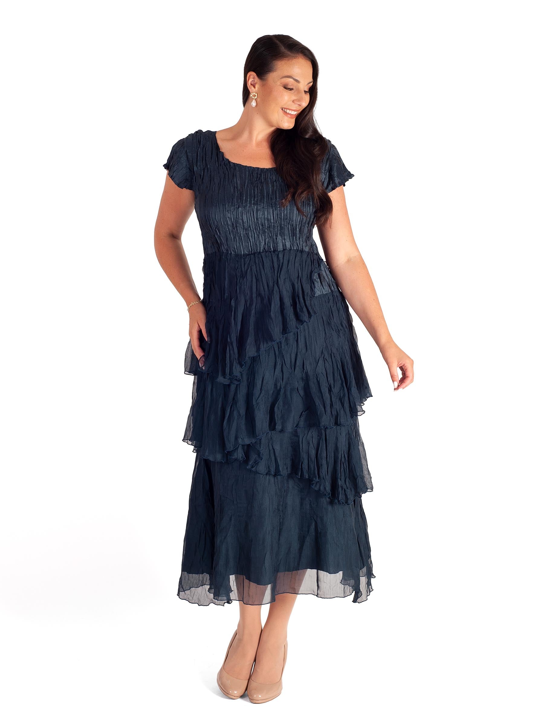 Ink Crush Pleat Satin & Chiffon Dress