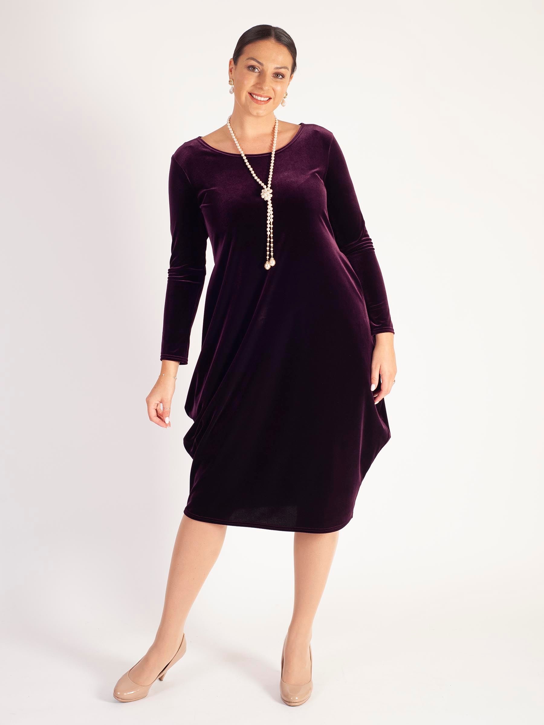 Claret Stretch Velvet Drape Dress with Pockets