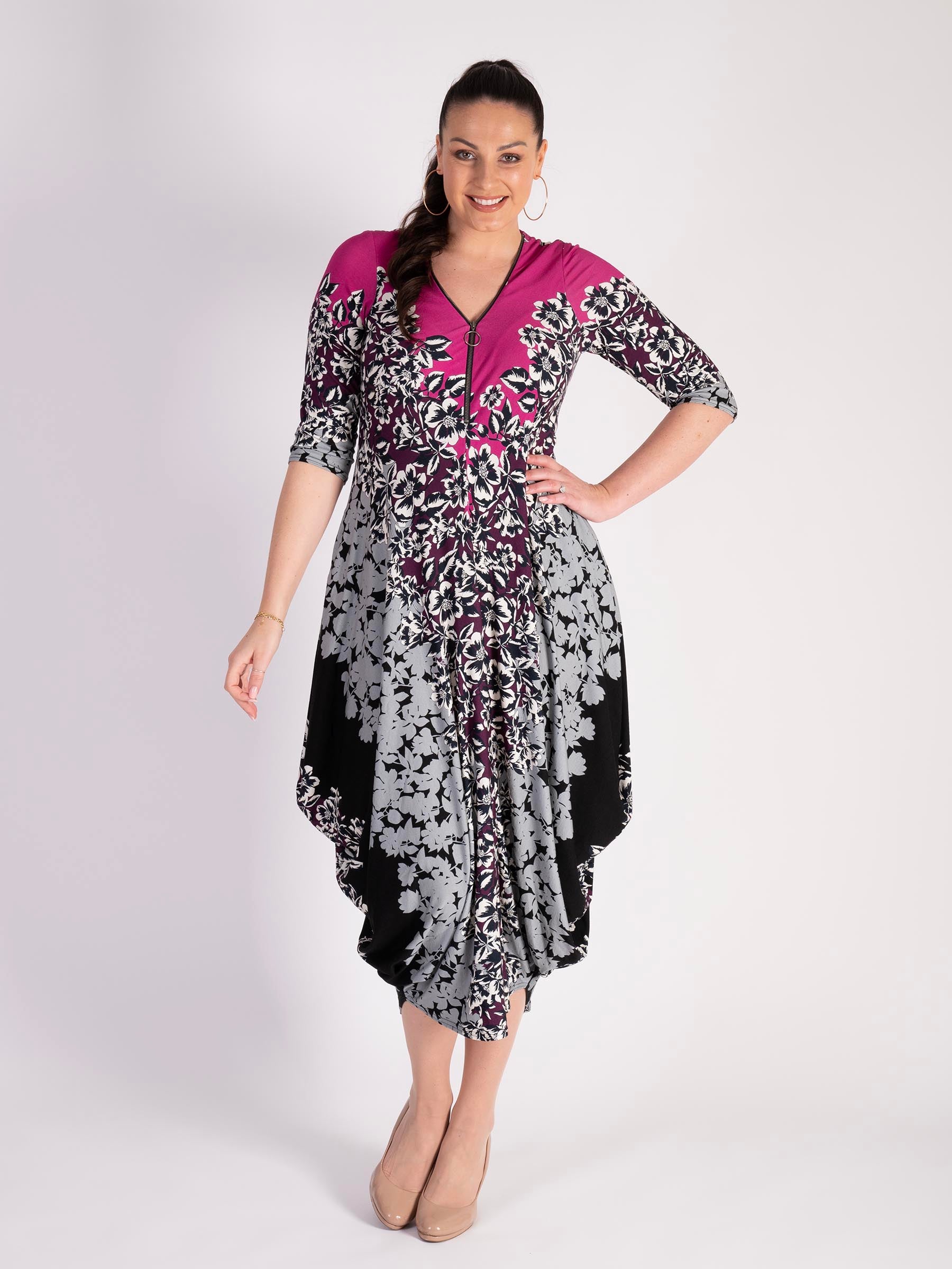 Fuchsia/Grey/Black Zip Front Floral Border Print Jersey Drape Dress