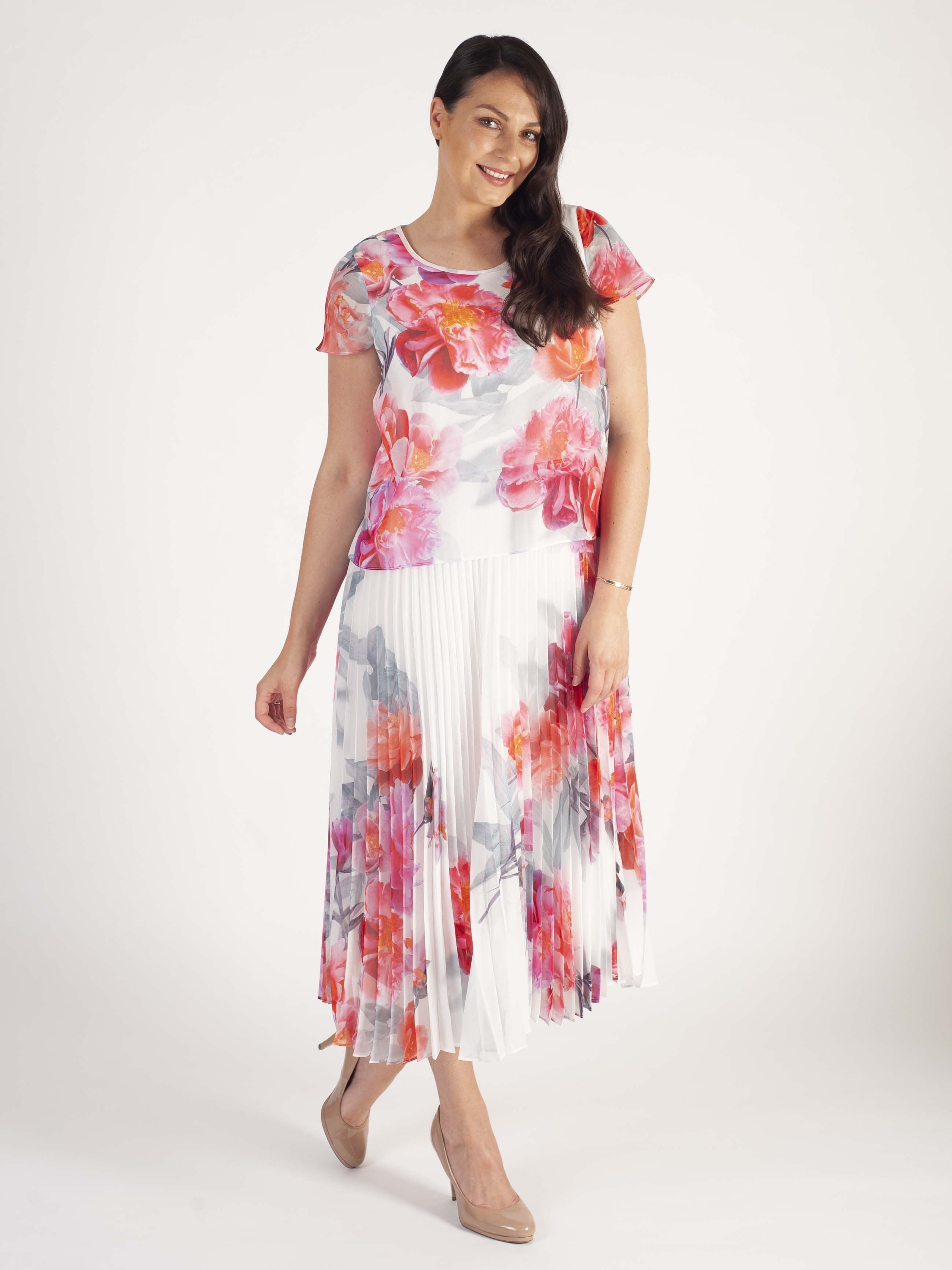 Ivory/Pink Peony Print Double Layer Pleated Dress