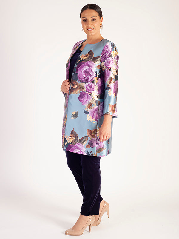 Blue Steel/Magenta Floral Placement Edge to Edge Contrast Lined Satin Twill Coat