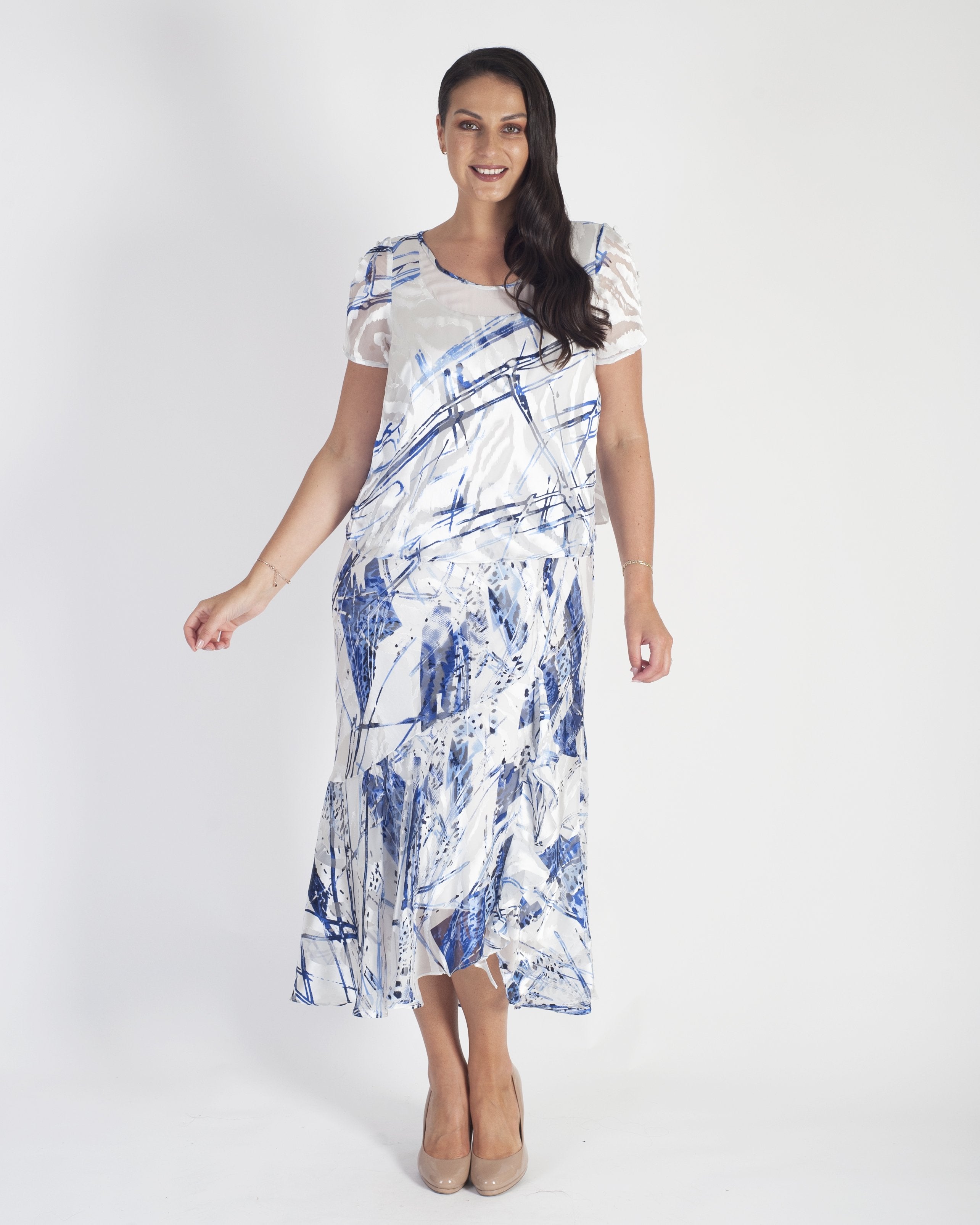 Ivory/Cobalt Pheasant Print Chiffon Trim Silk Devoree Dress