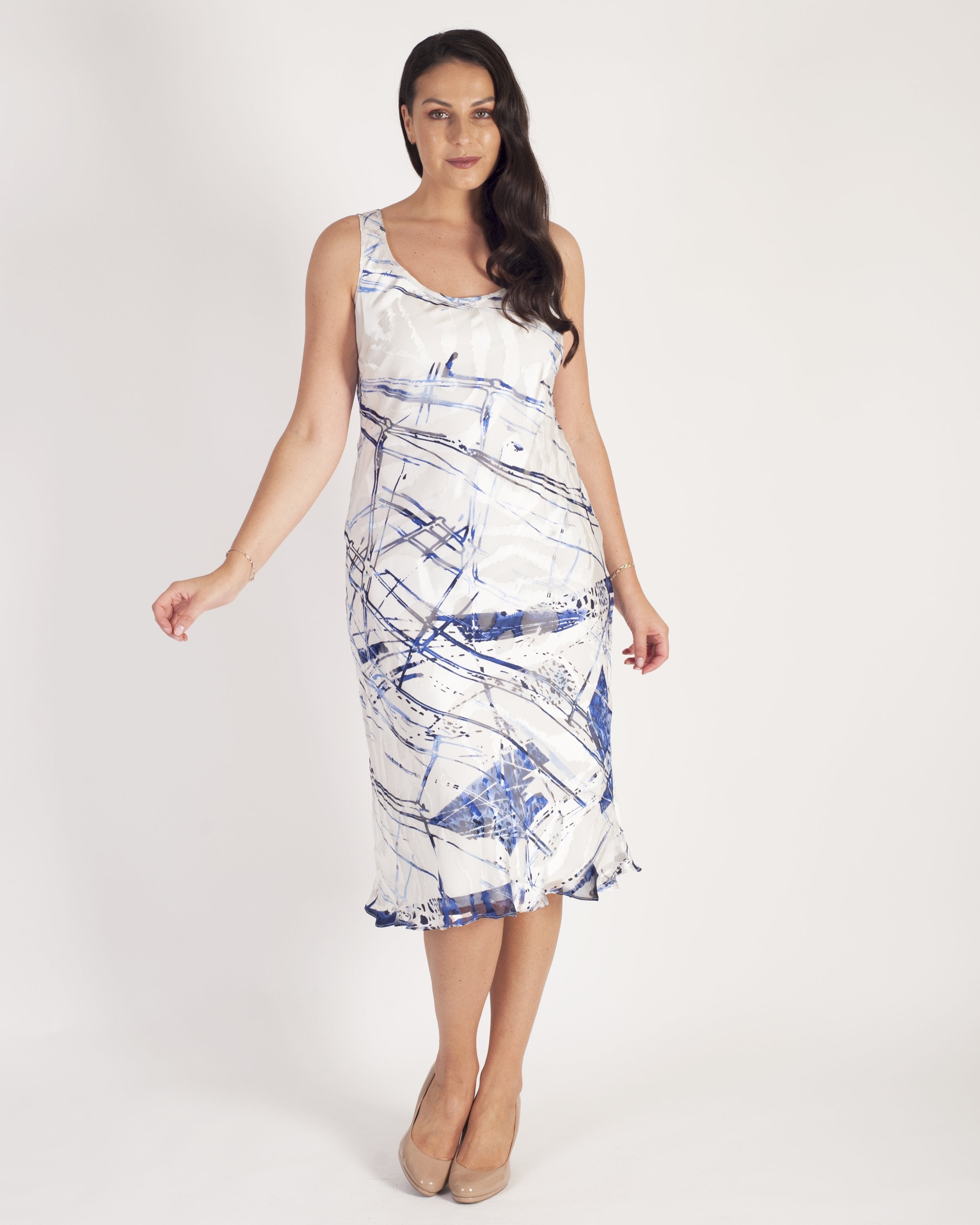 Ivory/Cobalt Pheasant Print Bias Cut Silk Devoree Dress