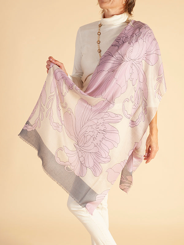 Orchid/Multi Scroll Floral Print Cashmere/Silk Scarf