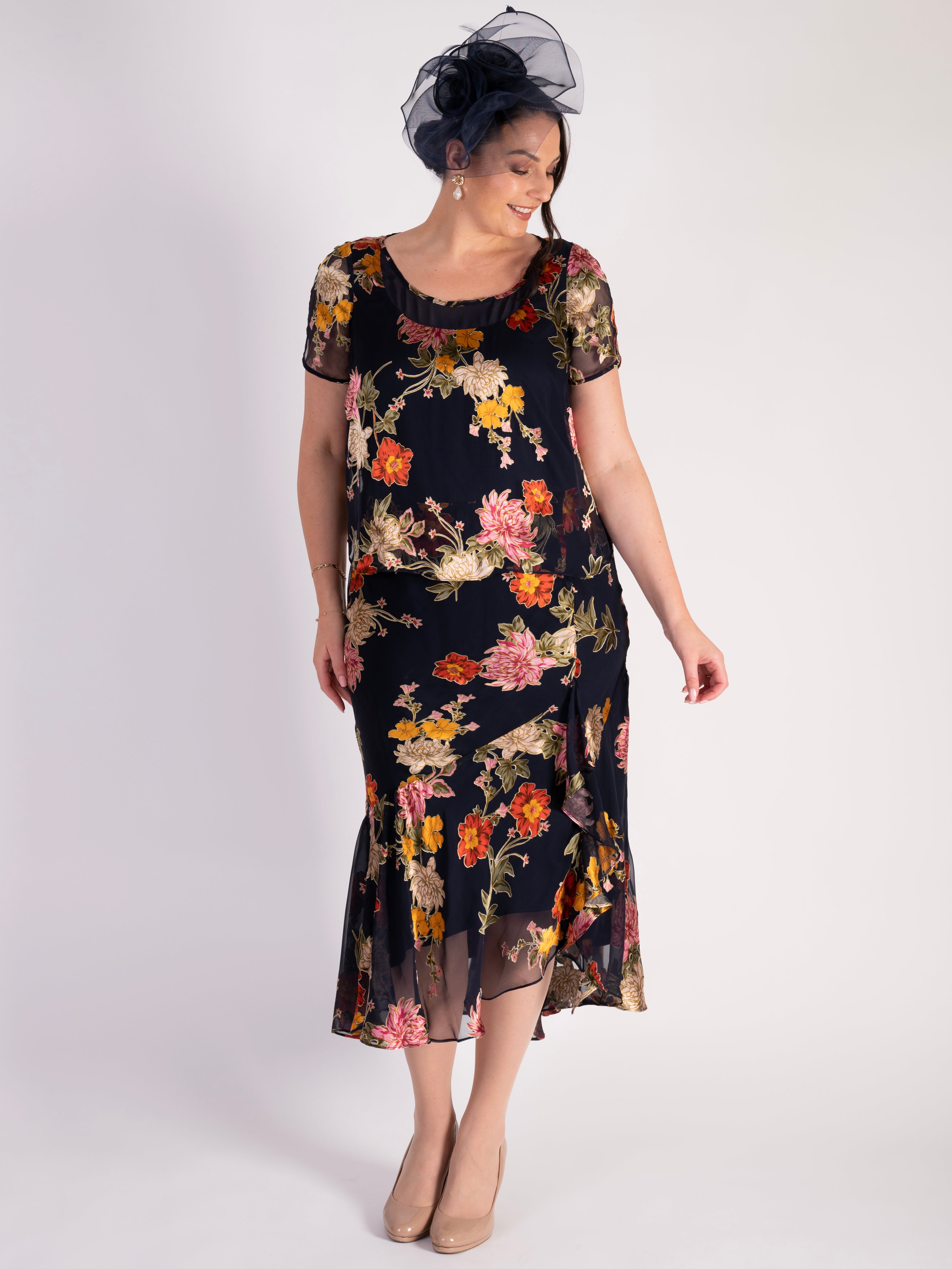 Navy Chrysanthemum Print Layered Silk Devoree Dress