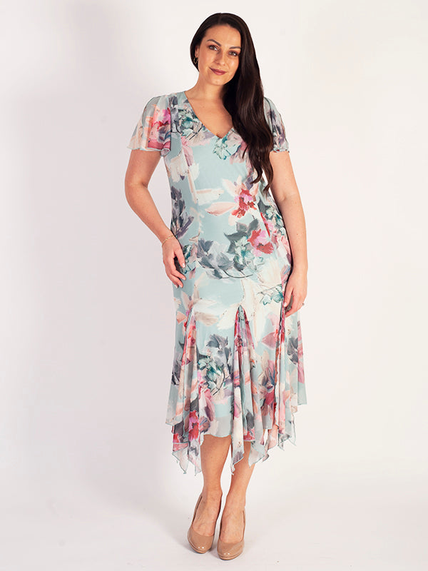 Aqua Floral Print Trimmed Godet Mesh Dress With Angel Sleeve