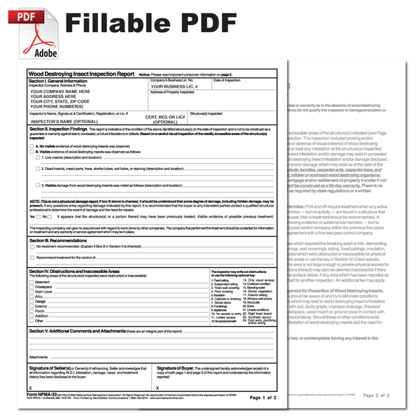 Fillable PDF NPMA33 National Wood Destroying Insect (WDI) Report