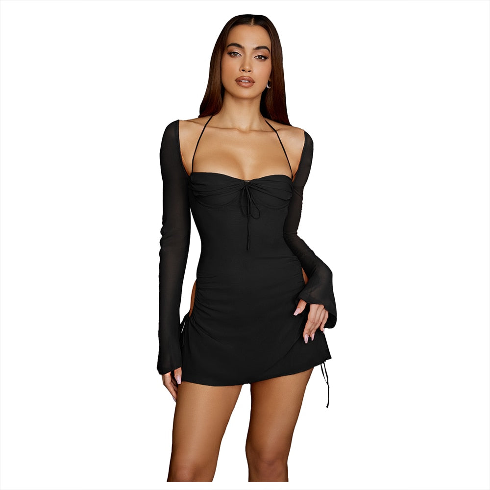 XLLAIS Women Flare Long Sleeve Pink Dress Fashion Square Collar Bandage Robes Cut Out Party Club Vestidos