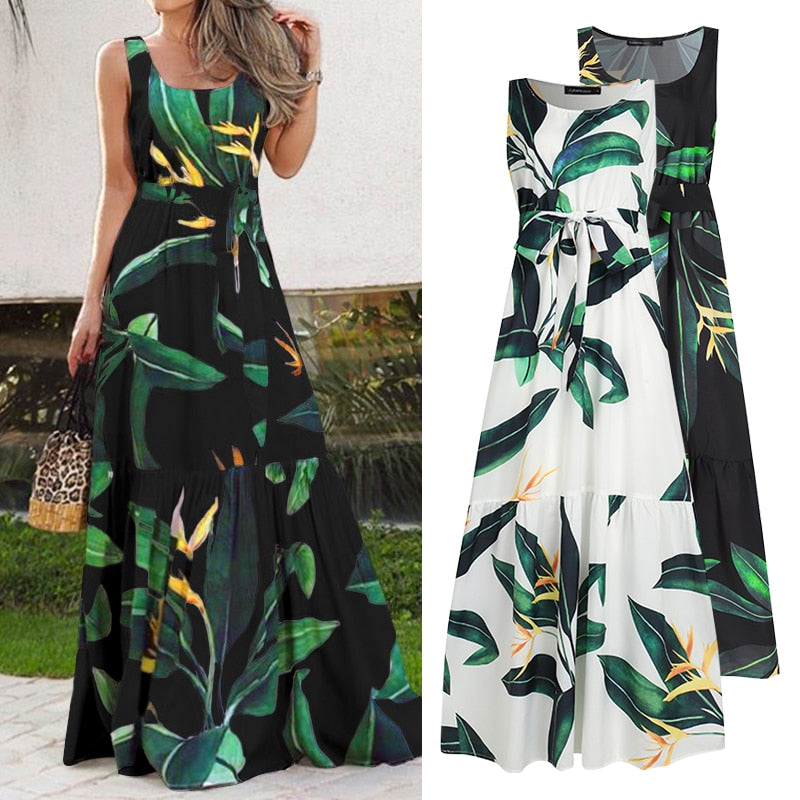 Celmia Summer Bohemian Long Dress Women Party Maxi Sundress Sleeveless Floral Print Casual Ruffles Belt Beach Vestidos freeshipping - Nesell