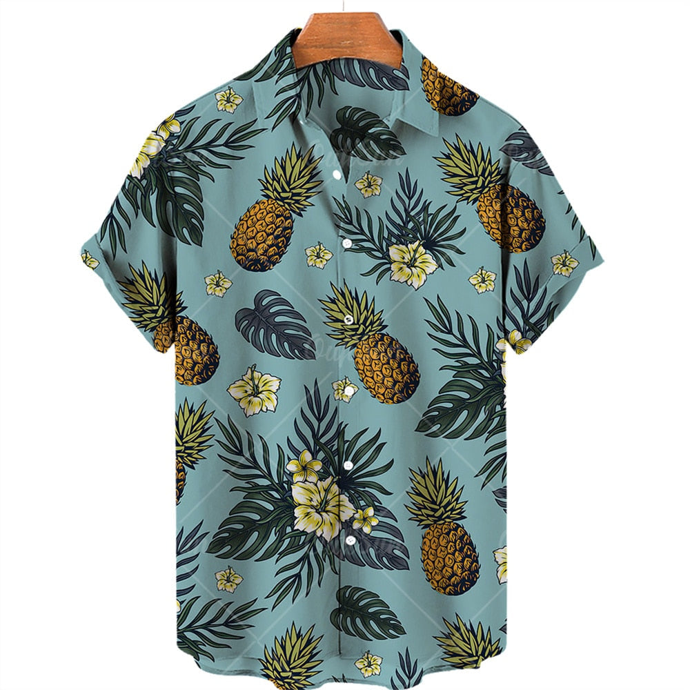 Men's Shirts Hawaiian Shirts Fruit Print Short Sleeves Pineapple Pattern Tops Casual Fashion Clothing Summer Loose Shirt Green