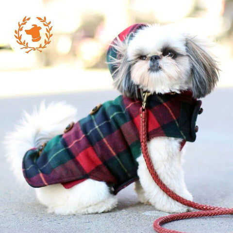 Hooded Toggle Dog Coat in  Red, & Brown Plaid 