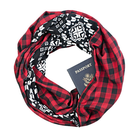 Red plaid infinity loop scarf with secret zippered pocket.