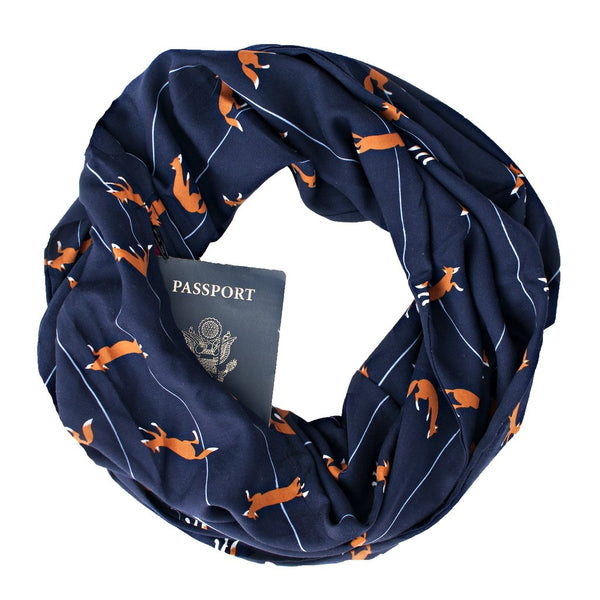 A rayon travel scarf with a hidden zippered pocket that has a fox print.