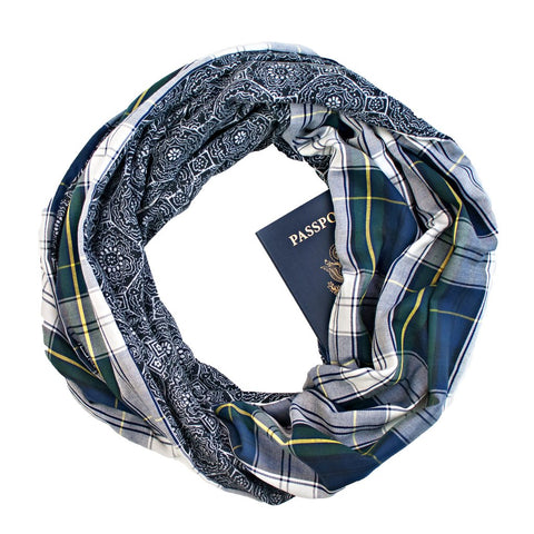 Blue plaid infinity loop pocket scarf.