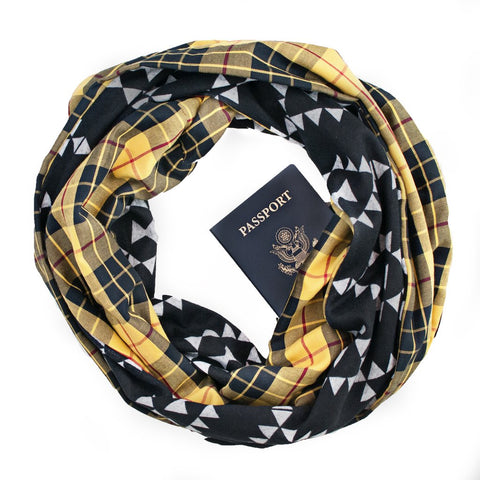 Yellow Plaid Secret Pocket Infinity Loop Scarf with Passport in the Zippered Pocket.