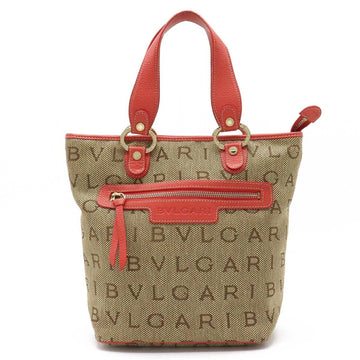 Bvlgari Mania Tote Bag Handbag Jacquard Canvas Leather Khaki Beige Salmon Red