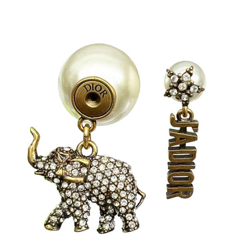 Christian Dior Elephant Earrings Pearl Star Metal JADIOR Jadior Rhinestone Antique Style Vintage Processing Women's