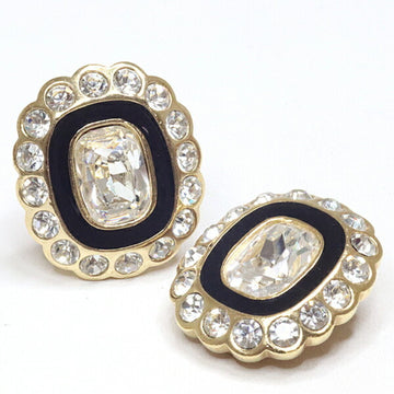 Christian Dior Crystal Earrings Flower Motif Metal/Enamel/Rhinestone Gold/Black/Clear Clip Type Rubber Pad Lost