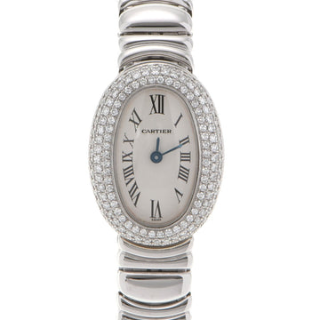 Cartier Mini Baignoire Diamond Triple Bezel Women's WG Watch Quartz Silver Dial