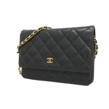 Chanel Shoulder Wallet Matelasse Single Chain Caviar Skin Black Gold metal