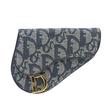 Christian Dior Dior Saddle Coin Case Women's Navy Canvas Leather Purse Trotter