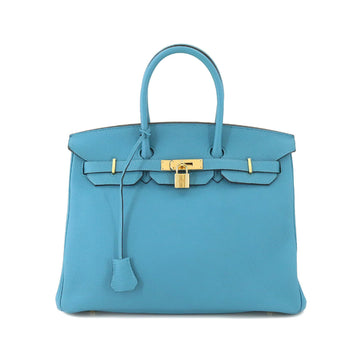 Hermes Birkin 35 hand bag Togo turquoise R engraved gold metal fittings