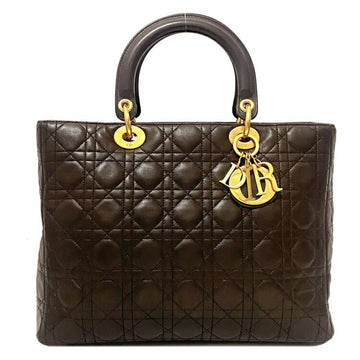 Christian Dior Tote Bag Brown Gold Lady MA-0997 Leather Lambskin Cannage Classic Large Quilted Charm CD