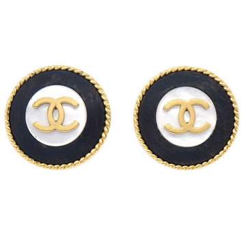 CHANEL 1996 Mother of Pearl Earrings Gold Black Clip-On 21416
