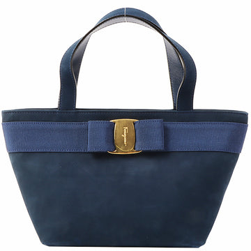 Salvatore Ferragamo Suede Vara Bow Plate Top Handle Bag Navy