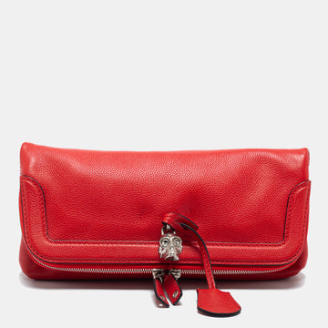 Alexander McQueen Red Skull Padlock Leather Studded Foldover Clutch