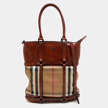 Burberry Brown Housecheck Canvas and Leather Slim Tote