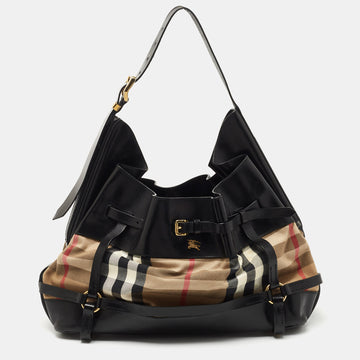 Burberry Black/Beige House Check Canvas and Leather Bridle Shoulder Bag