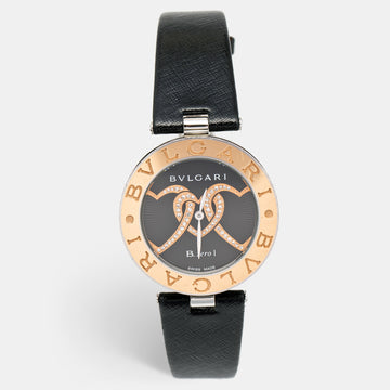 Bvlgari Black Interlocking Heart Motif 18K Rose Gold Stainless Steel Diamond Leather B.Zero1 BZP35S Womens' Wristwatch 35 mm