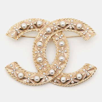 Chanel CC Faux Pearl Enamel Gold Tone Brooch