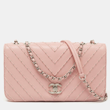 Chanel Pink Chevron Leather CC Studded Flap Bag