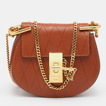 Chloe Brown Diamond Embossed Leather Nano Drew Crossbody Bag