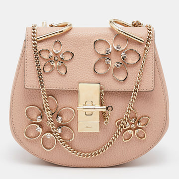 Chloe Pink Leather Floral Metal Embellished Mini Drew Crossbody Bag