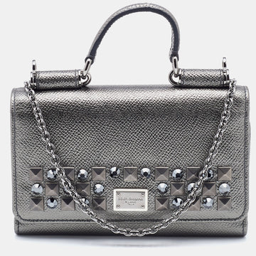 Dolce & Gabbana Metallic Grey Leather Miss Sicily Von Studded Wallet on Chain