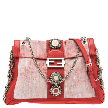 Fendi Red/White Canvas and Leather Maxi Baguette Embellished Shoulder Bag