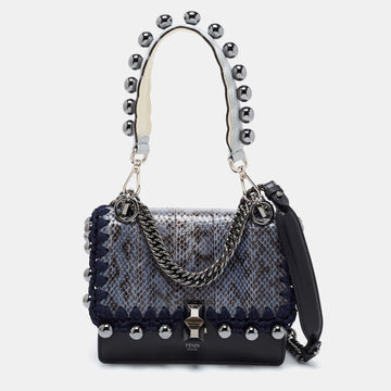 Fendi Blue/Black Karung and Leather Small Kan I Embellished Shoulder Bag