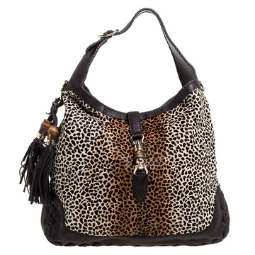 Gucci Brown  Animal Print Calf Hair and Leather Large New Jackie Hobo