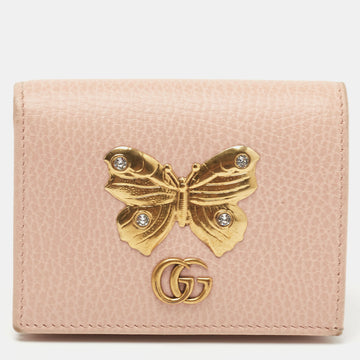 Gucci Light Pink Leather Butterfly Embellished Flap Card Case