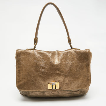 Lanvin Gold Cracked Suede Flap Top Handle Bag