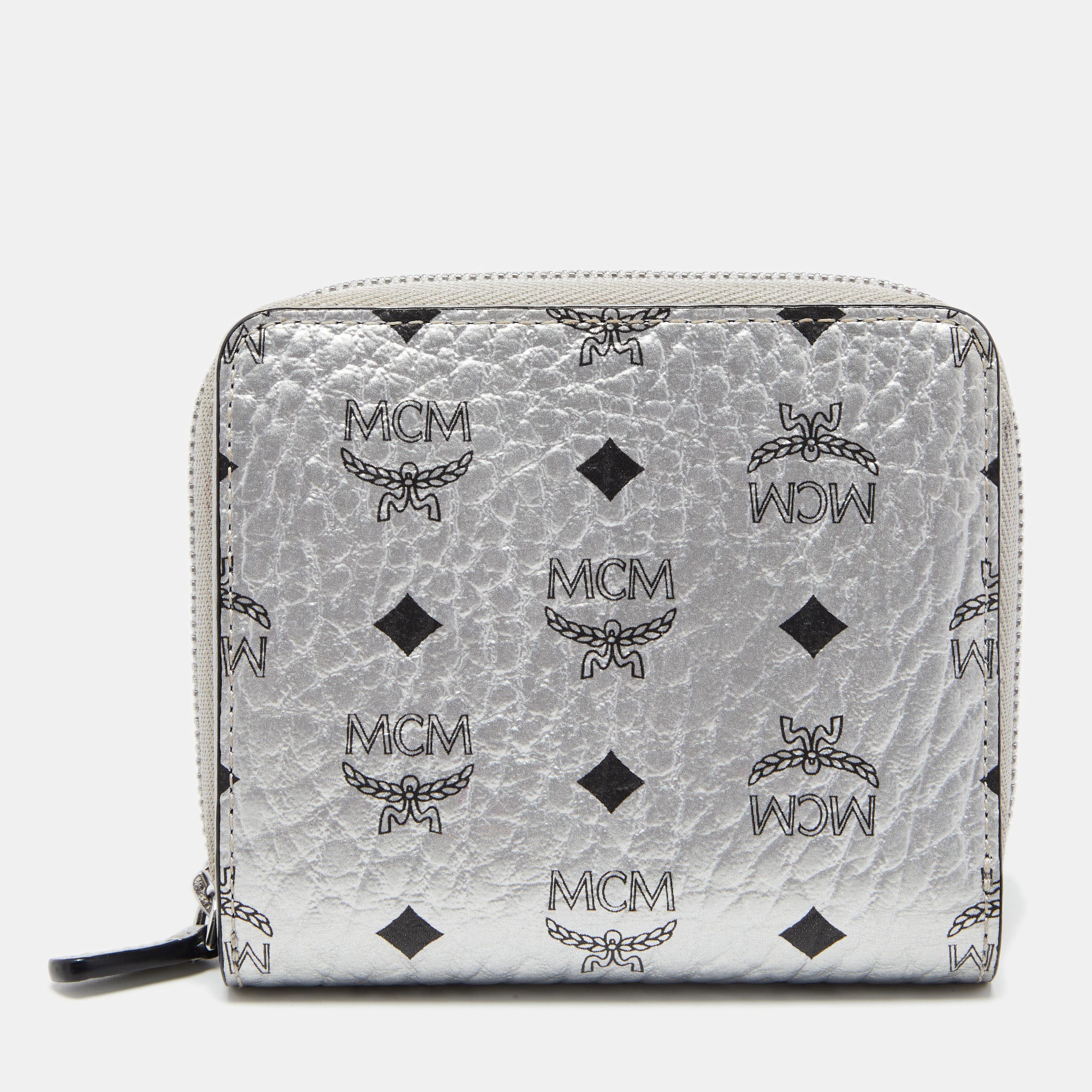 MCM Metallic Silver Coated Canvas Visetos Zip Compact Wallet