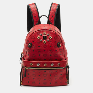 MCM Red Visetos Leather Stud Stark Backpack