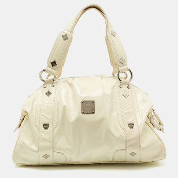 MCM Cream Crinkled Patent Leather Satchel