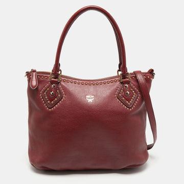 MCM Red Studded Leather Zip Hobo