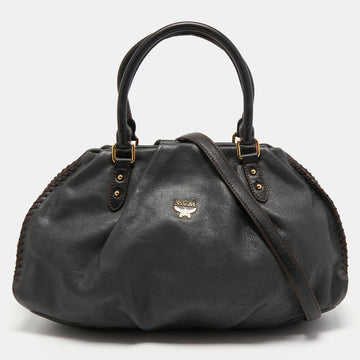 MCM Black Leather Whipstitch Shoulder Bag